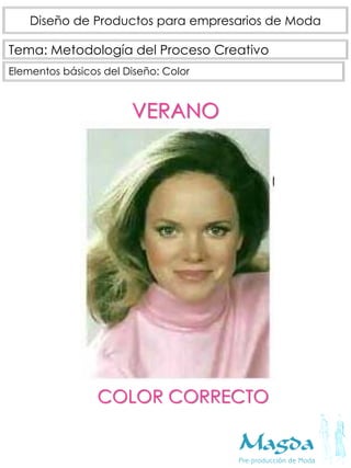Tema: Metodología del Proceso Creativo
Diseño de Productos para empresarios de Moda
Elementos básicos del Diseño: Color
VERANO
COLOR CORRECTO
 