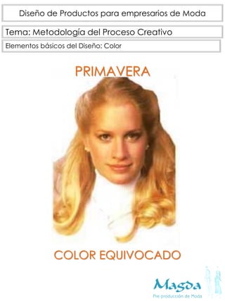 Tema: Metodología del Proceso Creativo
Diseño de Productos para empresarios de Moda
Elementos básicos del Diseño: Color
PRIMAVERA
COLOR EQUIVOCADO
 