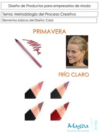 Tema: Metodología del Proceso Creativo
Diseño de Productos para empresarios de Moda
Elementos básicos del Diseño: Color
PRIMAVERA
FRÍO CLARO
 