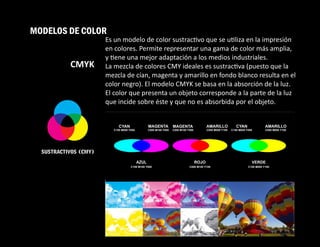 MODELOS DE COLOR
Es un modelo de color sustrac vo que se u liza en la impresión
en colores. Permite representar una gama de color más amplia,
y ene una mejor adaptación a los medios industriales.
La mezcla de colores CMY ideales es sustrac va (puesto que la
mezcla de cían, magenta y amarillo en fondo blanco resulta en el
color negro). El modelo CMYK se basa en la absorción de la luz.
El color que presenta un objeto corresponde a la parte de la luz
que incide sobre éste y que no es absorbida por el objeto.
CMYK
 