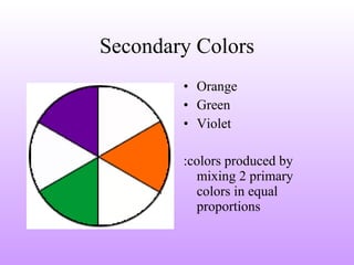 Secondary Colors Orange Green Violet :colors produced by mixing 2 primary colors in equal proportions 