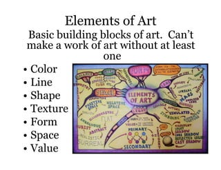 Elements of Art
  Basic building blocks of art. Can’t
 make a work of art without at least
                  one
•  Color
•  Line
•  Shape
•  Texture
•  Form
•  Space
•  Value
 