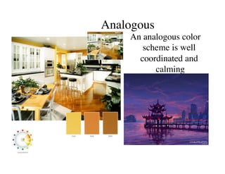 Analogous
        	

      An analogous color
         scheme is well
        coordinated and
            calming	

 