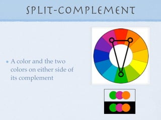Split-Complement



A color and the two
colors on either side of
its complement
 
