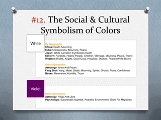 #12. The Social & Cultural
  Symbolism of Colors
White    By Geography
         China: Death, Mourning
         India: Unhappiness, Mourning, Peace
         Japan: White Carnation Symbolizes Death
         Eastern: Funerals, Helpful People, Children, Marriage, Mourning, Peace, Travel
         Western: Brides, Angels, Good Guys, Hospitals, Doctors, Peace (White Dove)

         Other Symbolism
         Astrology: Aries And Pisces
         Feng Shui: Yang, Metal, Death, Mourning, Spirits, Ghosts, Poise, Confidence
         Roses: Reverence, Humility, Truce




Violet
         Other Symbolism
         Astrology: Virgo And Libra
         Psychology: Suppresses Appetite, Peaceful Environment, Good For Migraines
 