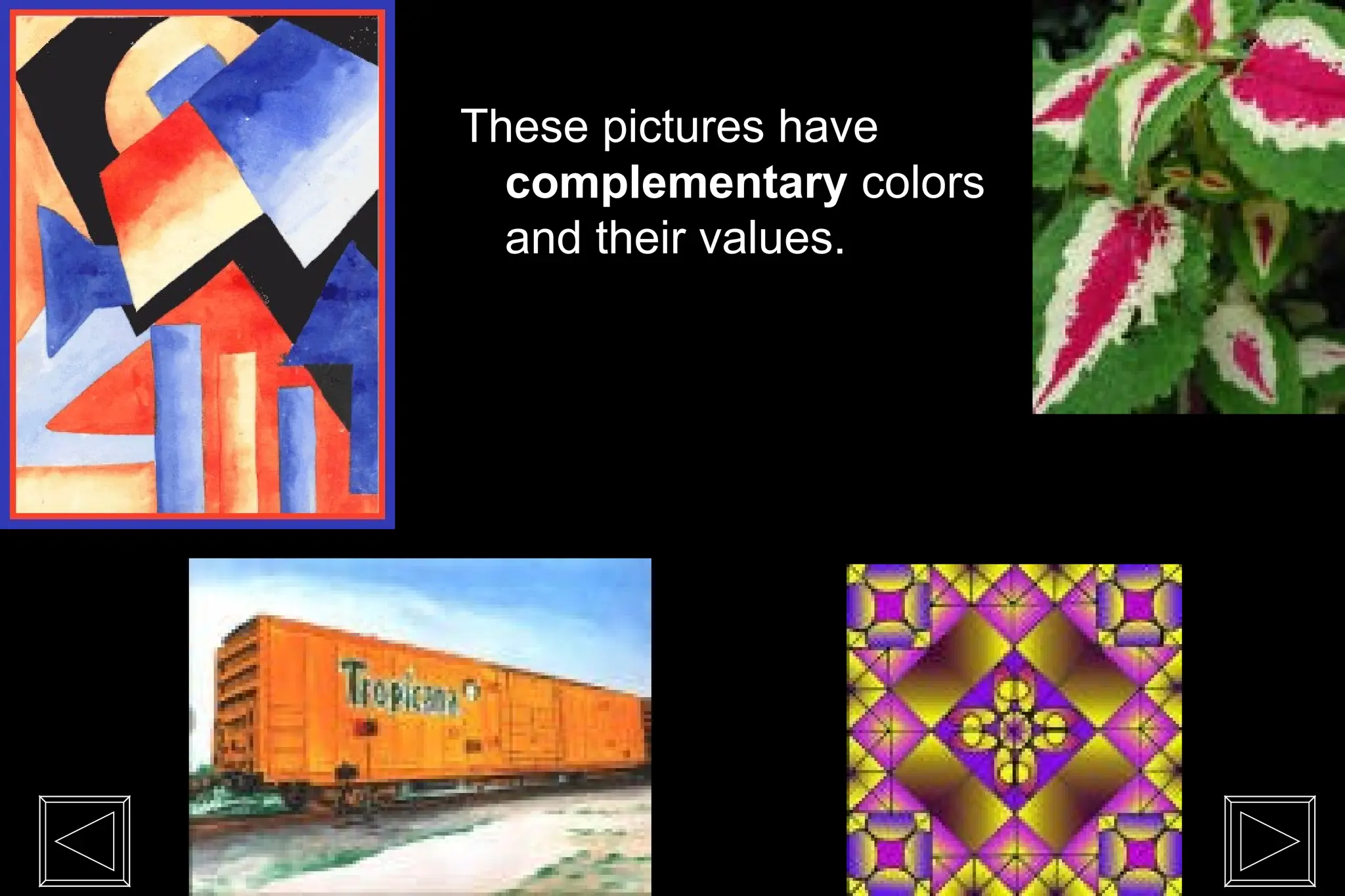 These pictures have
complementary colors
and their values.
 