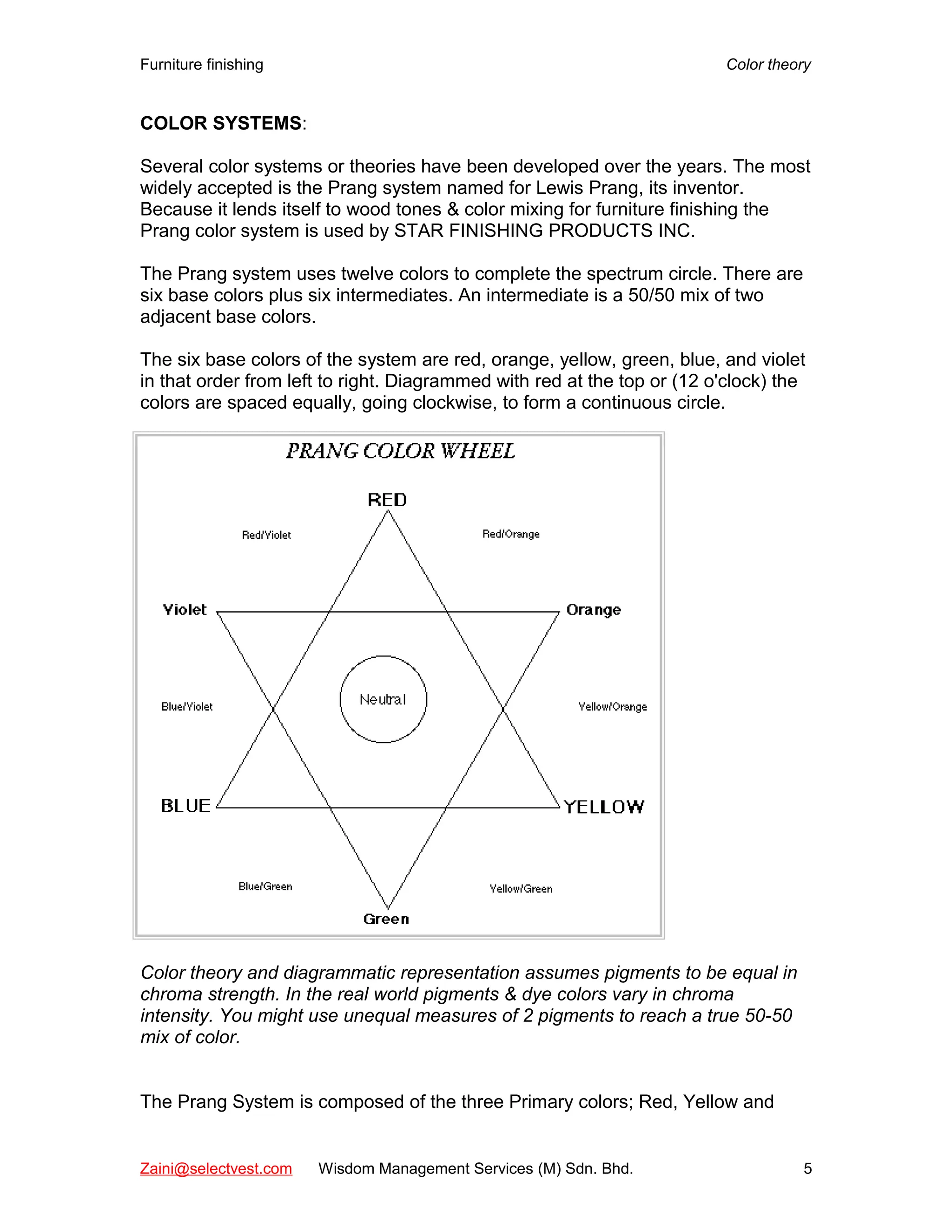 Furniture finishing Color theory
COLOR SYSTEMS:
Several color systems or theories have been developed over the years. The most
widely accepted is the Prang system named for Lewis Prang, its inventor.
Because it lends itself to wood tones & color mixing for furniture finishing the
Prang color system is used by STAR FINISHING PRODUCTS INC.
The Prang system uses twelve colors to complete the spectrum circle. There are
six base colors plus six intermediates. An intermediate is a 50/50 mix of two
adjacent base colors.
The six base colors of the system are red, orange, yellow, green, blue, and violet
in that order from left to right. Diagrammed with red at the top or (12 o'clock) the
colors are spaced equally, going clockwise, to form a continuous circle.
Color theory and diagrammatic representation assumes pigments to be equal in
chroma strength. In the real world pigments & dye colors vary in chroma
intensity. You might use unequal measures of 2 pigments to reach a true 50-50
mix of color.
The Prang System is composed of the three Primary colors; Red, Yellow and
Zaini@selectvest.com Wisdom Management Services (M) Sdn. Bhd. 5
 