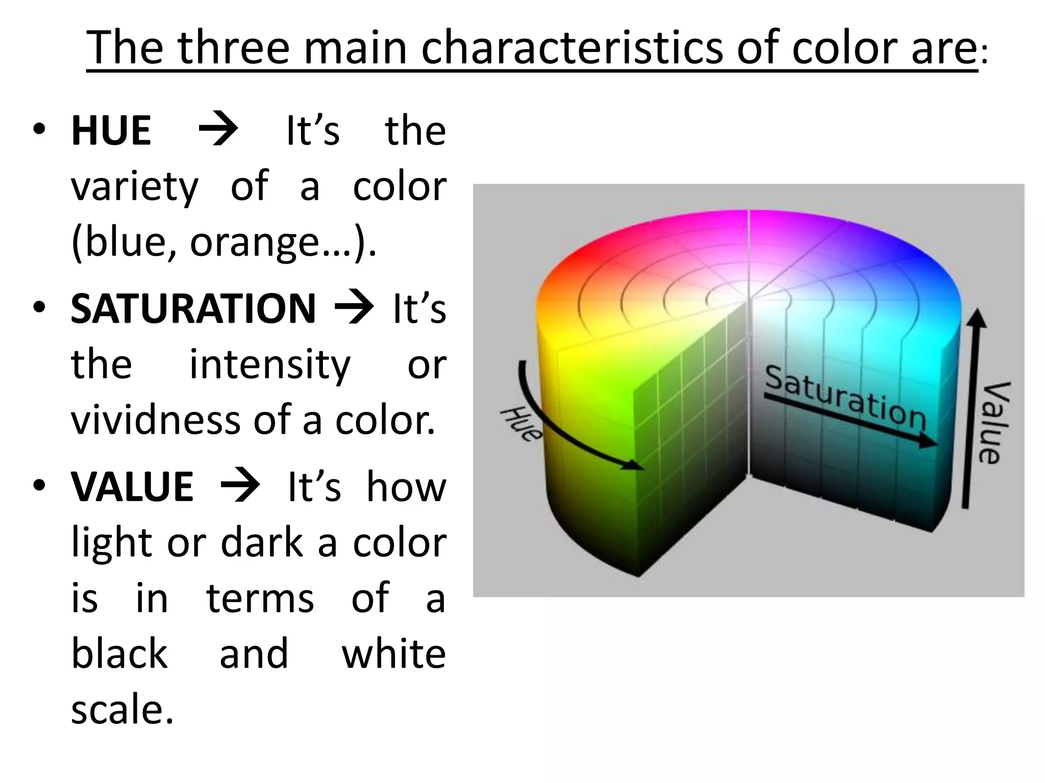 The three main characteristics of color are:
• HUE  It’s the
variety of a color
(blue, orange…).
• SATURATION  It’s
the intensity or
vividness of a color.
• VALUE  It’s how
light or dark a color
is in terms of a
black and white
scale.
 