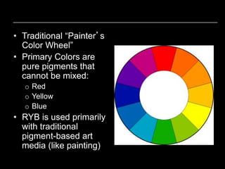 • Traditional “Painter’s
Color Wheel”
• Primary Colors are
pure pigments that
cannot be mixed:
o Red
o Yellow
o Blue
• RYB is used primarily
with traditional
pigment-based art
media (like painting)
 