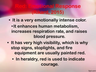 Red: Emotional Response
(Rikard, 2015)
• It is a very emotionally intense color.
•It enhances human metabolism,
increases respiration rate, and raises
blood pressure.
• It has very high visibility, which is why
stop signs, stoplights, and fire
equipment are usually painted red.
• In heraldry, red is used to indicate
courage.
 