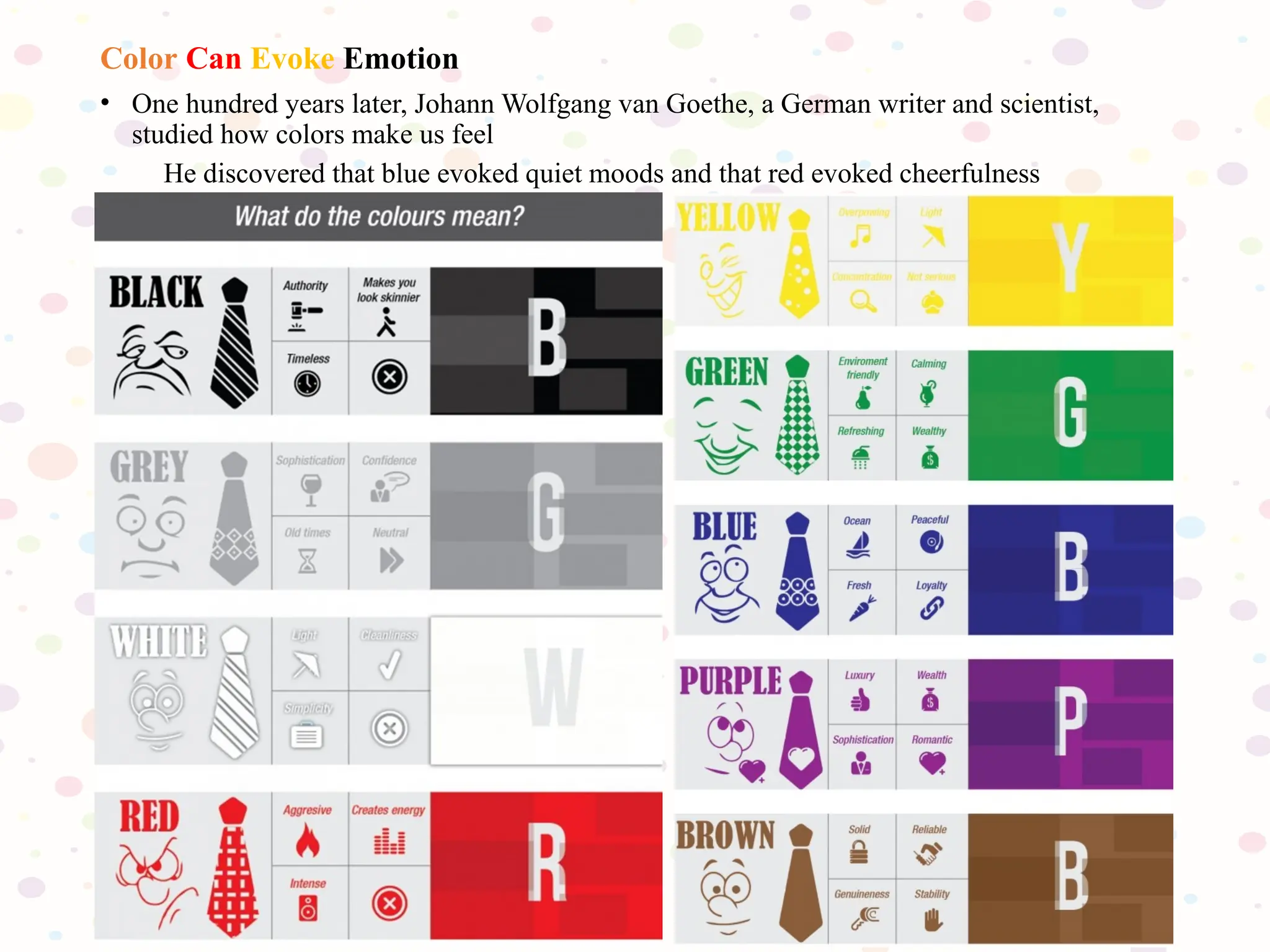 Color Can Evoke Emotion
• One hundred years later, Johann Wolfgang van Goethe, a German writer and scientist,
studied how colors make us feel
He discovered that blue evoked quiet moods and that red evoked cheerfulness
 