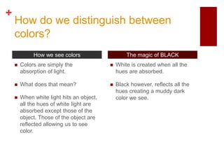 +
How do we distinguish between
colors?
 Colors are simply the
absorption of light.
 What does that mean?
 When white light hits an object,
all the hues of white light are
absorbed except those of the
object. Those of the object are
reflected allowing us to see
color.
 White is created when all the
hues are absorbed.
 Black however, reflects all the
hues creating a muddy dark
color we see.
How we see colors The magic of BLACK
 