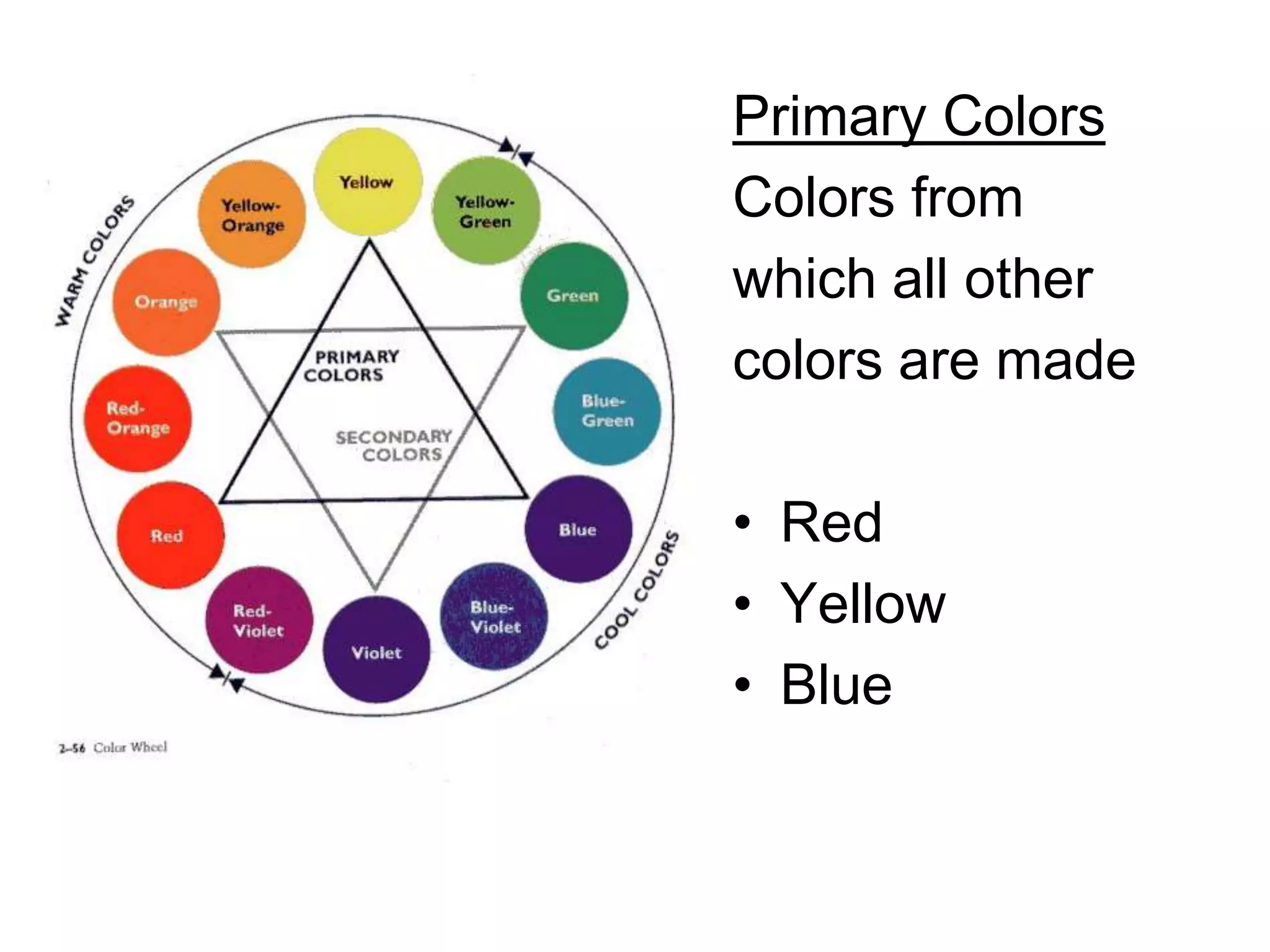 Primary Colors
Colors from
which all other
colors are made
• Red
• Yellow
• Blue
 