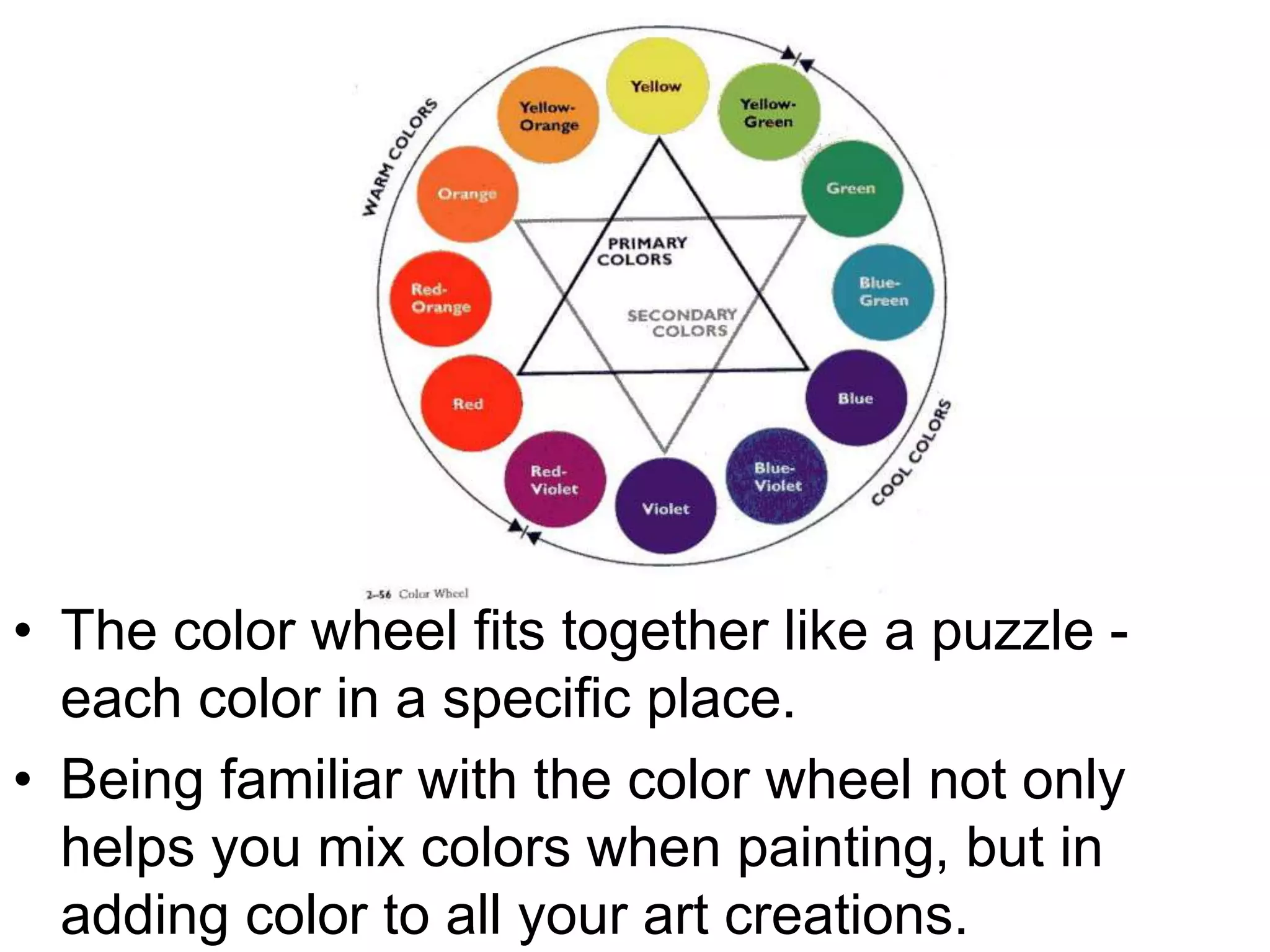• The color wheel fits together like a puzzle -
each color in a specific place.
• Being familiar with the color wheel not only
helps you mix colors when painting, but in
adding color to all your art creations.
 