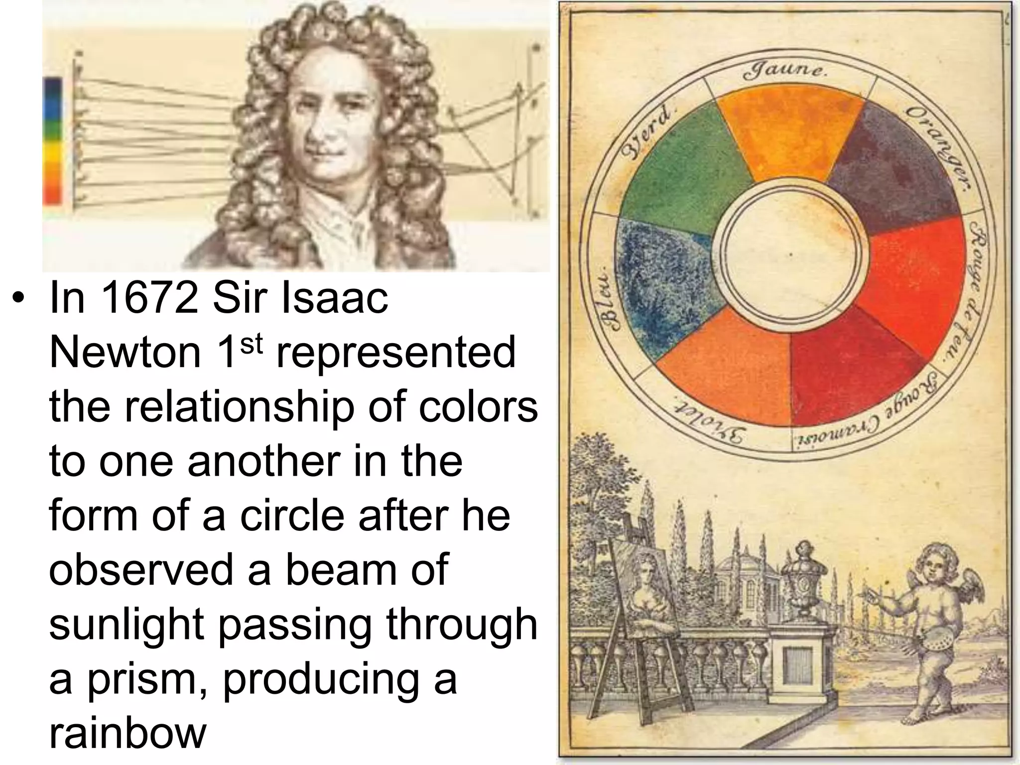 • In 1672 Sir Isaac
Newton 1st represented
the relationship of colors
to one another in the
form of a circle after he
observed a beam of
sunlight passing through
a prism, producing a
rainbow
 