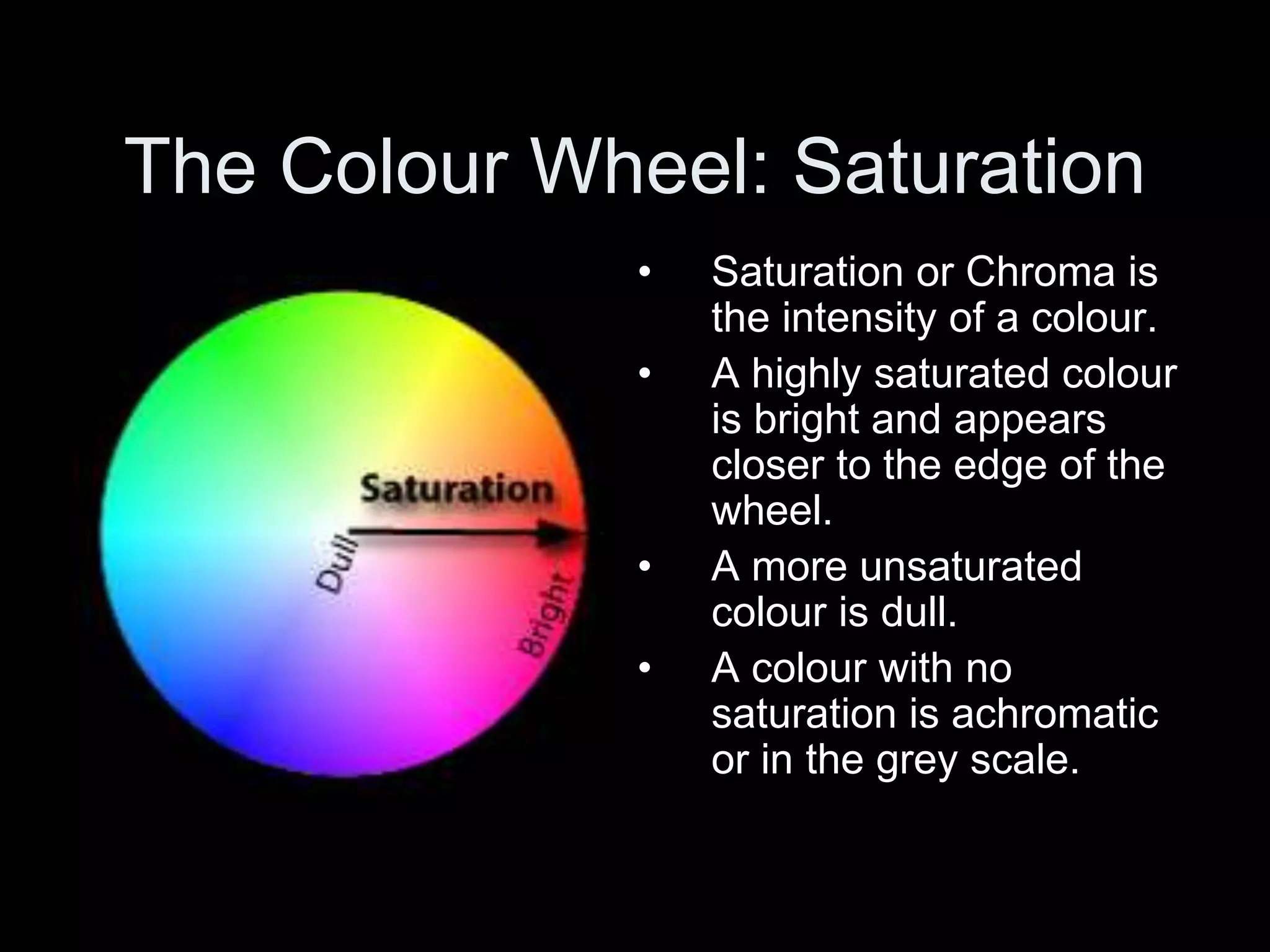 The Colour Wheel: Saturation
• Saturation or Chroma is
the intensity of a colour.
• A highly saturated colour
is bright and appears
closer to the edge of the
wheel.
• A more unsaturated
colour is dull.
• A colour with no
saturation is achromatic
or in the grey scale.
 