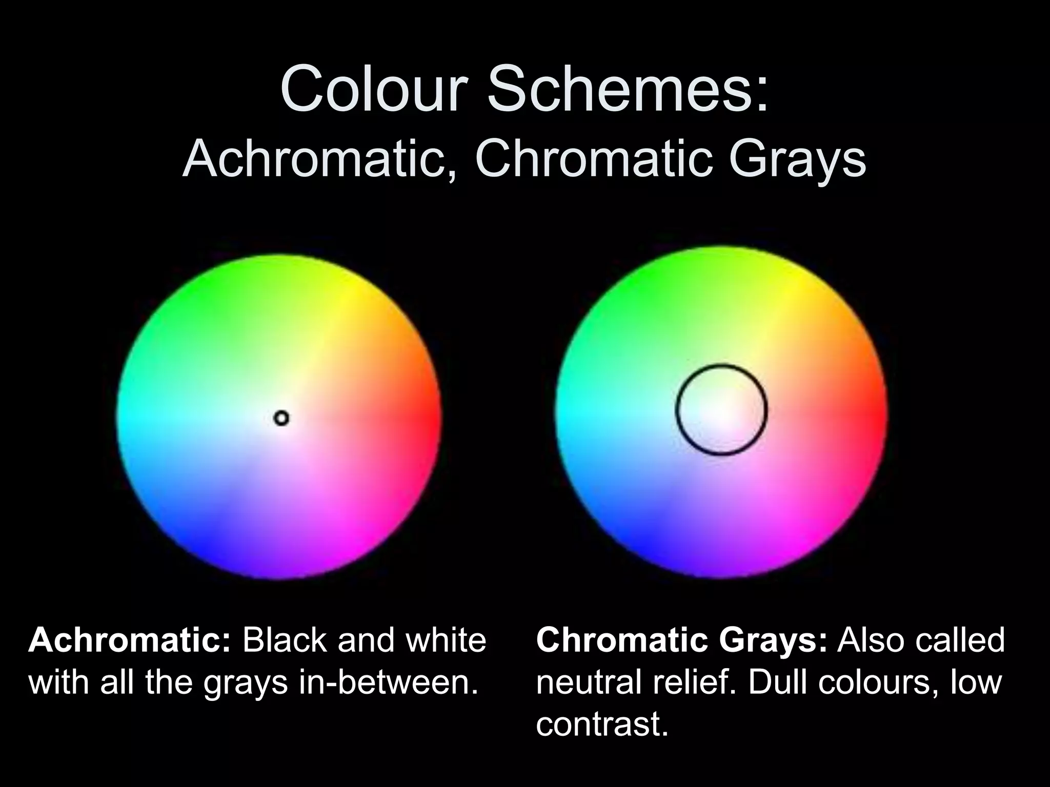 Colour Schemes:
Achromatic, Chromatic Grays
Achromatic: Black and white
with all the grays in-between.
Chromatic Grays: Also called
neutral relief. Dull colours, low
contrast.
 