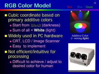 RGB Color Model
                                                                   12

                                         Red       Blue    Green


 Cubiccoordinate based on
 primary additive colors
   Start from Black (darkness)
   Sum of all = White (light)

 Widely    used in PC hardware             Additive Color
                                           (= mixing light)
   CRT, LCD / Image Scanner
   Easy to implement                                  B

 Notefficient/intuitive for
 processing                                    Black
                                                           White

     Difficult to achieve / adjust to                         G
      desired color for human              R
 