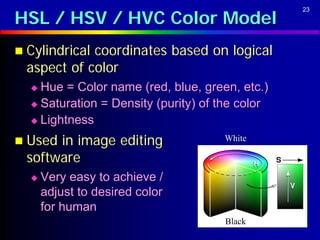 HSL / HSV / HVC Color Model
                                                 23




 Cylindricalcoordinates based on logical
  aspect of color
   Hue = Color name (red, blue, green, etc.)
   Saturation = Density (purity) of the color

   Lightness

 Used in image editing              White

  software
     Very easy to achieve /
      adjust to desired color
      for human
                                     Black
 