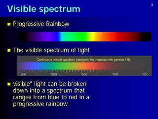 Visible spectrum
                                                                                  3




   Progressive Rainbow



   The visible spectrum of light
            Continuous optical spectrum (designed for monitors with gamma 1.5).




   visible" light can be broken
    down into a spectrum that
    ranges from blue to red in a
    progressive rainbow
 