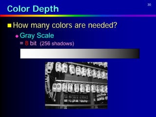 Color Depth
                                   30




 How    many colors are needed?
    Gray Scale
     = 8 bit (256 shadows)
 
