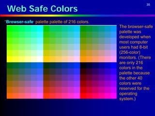 Web Safe Colors
                                                             35




“Browser-safe” palette palette of 216 colors.
                                                The browser-safe
                                                palette was
                                                developed when
                                                most computer
                                                users had 8-bit
                                                (256-color)
                                                monitors. (There
                                                are only 216
                                                colors in the
                                                palette because
                                                the other 40
                                                colors were
                                                reserved for the
                                                operating
                                                system.)
 