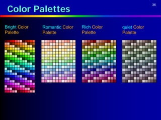 Color Palettes
                                                           36




Bright Color   Romantic Color   Rich Color   quiet Color
Palette        Palette          Palette      Palette
 