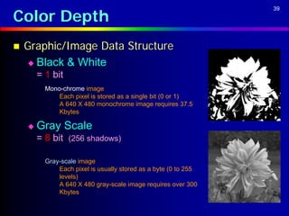 Color Depth
                                                                 39




   Graphic/Image Data Structure
     Black & White
        = 1 bit
          Mono-chrome image
              Each pixel is stored as a single bit (0 or 1)
              A 640 X 480 monochrome image requires 37.5
              Kbytes

       Gray Scale
        = 8 bit (256 shadows)

          Gray-scale image
              Each pixel is usually stored as a byte (0 to 255
              levels)
              A 640 X 480 gray-scale image requires over 300
              Kbytes
 