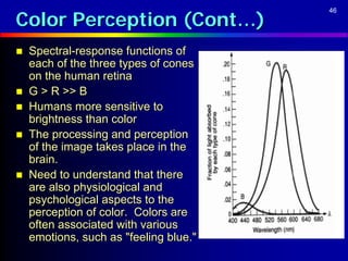 Color Perception (Cont…)
                                        46




   Spectral-response functions of
    each of the three types of cones
    on the human retina
   G > R >> B
   Humans more sensitive to
    brightness than color
   The processing and perception
    of the image takes place in the
    brain.
   Need to understand that there
    are also physiological and
    psychological aspects to the
    perception of color. Colors are
    often associated with various
    emotions, such as "feeling blue."
 