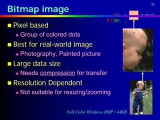 Bitmap image
                                                            71


                                              R GB =   A pixel
                                          (FF,B6,98)
 Pixel   based
     Group of colored dots
 Best    for real-world image
     Photography, Painted picture
 Large    data size
     Needs compression for transfer
 Resolution    Dependent
     Not suitable for resizing/zooming


                       Full Color Windows BMP / 44KB
 