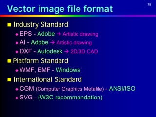 Vector image file format
                                                  78




 Industry   Standard
   EPS - Adobe  Artistic drawing
   AI - Adobe  Artistic drawing

   DXF - Autodesk  2D/3D CAD

 Platform   Standard
     WMF, EMF - Windows
 International   Standard
   CGM (Computer Graphics Metafile) - ANSI/ISO
   SVG - (W3C recommendation)
 