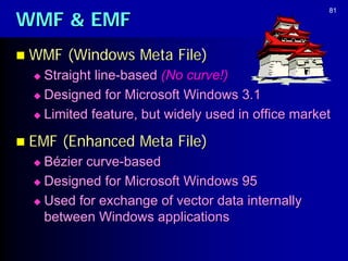 WMF & EMF
                                                    81




 WMF   (Windows Meta File)
   Straight line-based (No curve!)
   Designed for Microsoft Windows 3.1

   Limited feature, but widely used in office market


 EMF   (Enhanced Meta File)
   Bézier curve-based
   Designed for Microsoft Windows 95

   Used for exchange of vector data internally
    between Windows applications
 