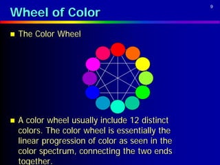 Wheel of Color
                                                 9




   The Color Wheel




   A color wheel usually include 12 distinct
    colors. The color wheel is essentially the
    linear progression of color as seen in the
    color spectrum, connecting the two ends
    together.
 