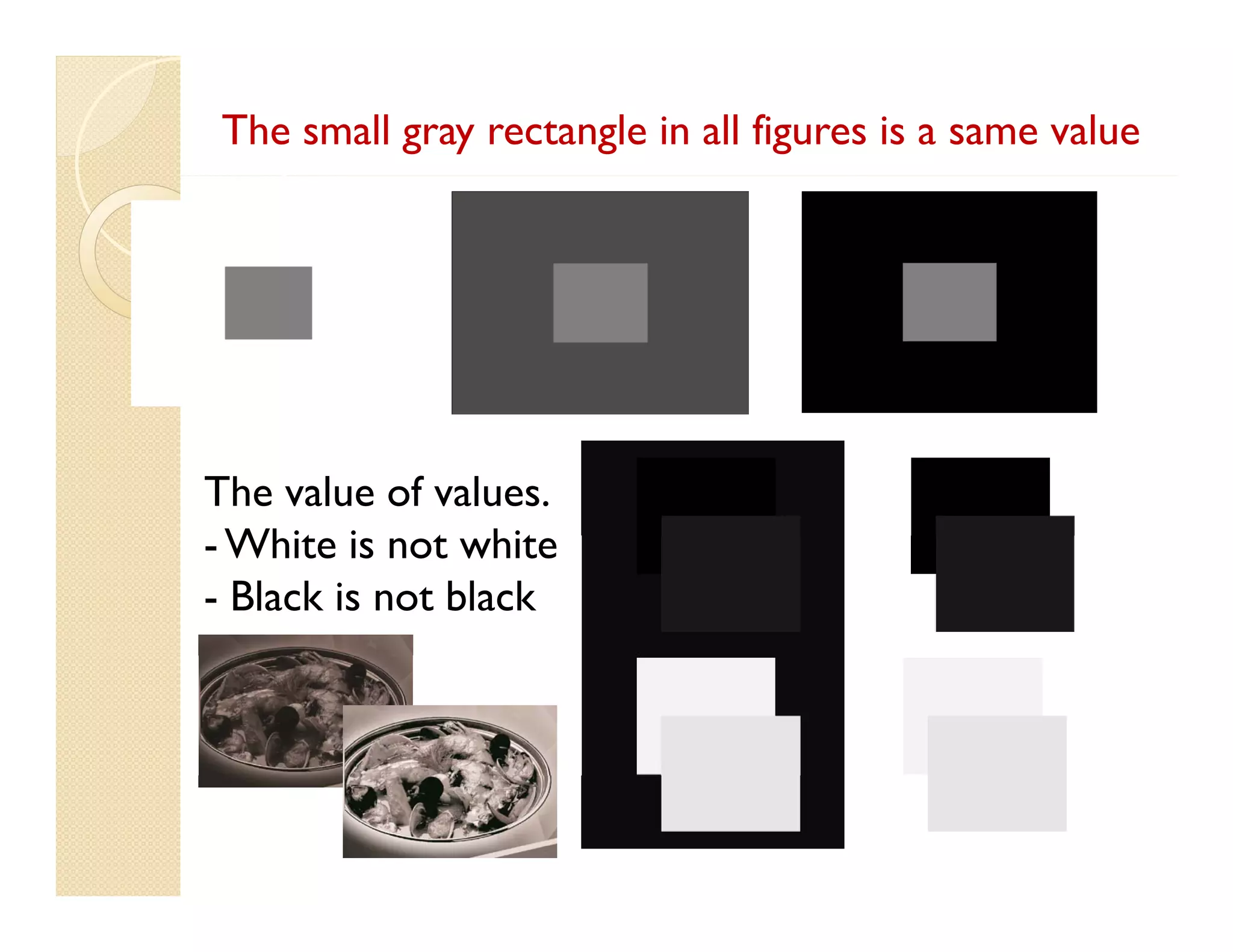 The small gray rectangle in all figures is a same value

The value of values.
- Whit i not white
White is t hit
- Black is not black

 