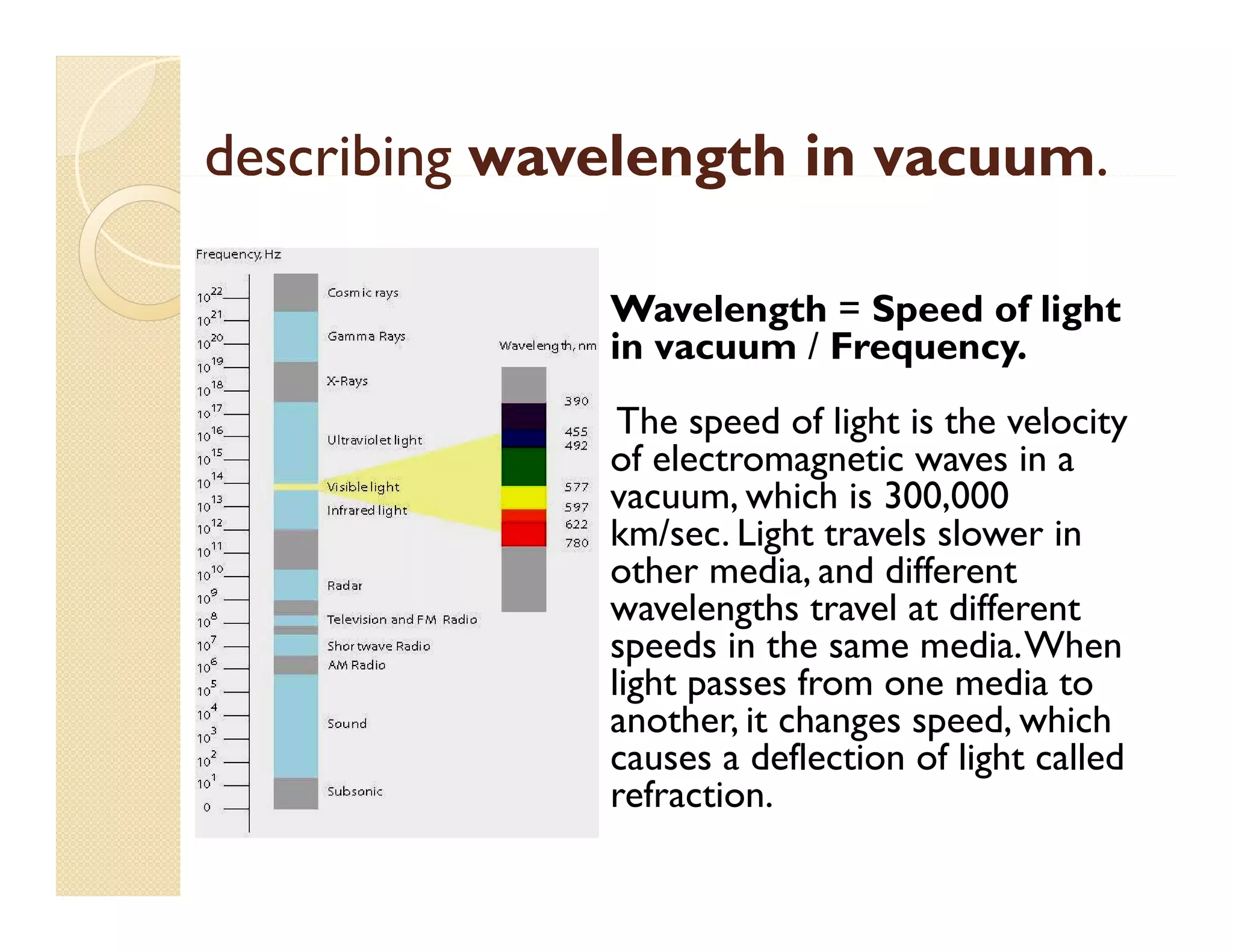 describing wavelength in vacuum.
g
g
vacuum.
Wavelength = S
W l
h Speed of light
d f li h
in vacuum / Frequency.
The s eed of light is the velocity
speed f li ht
el cit
of electromagnetic waves in a
vacuum, which is 300,000
km/sec.
km/sec Light travels slower in
other media, and different
wavelengths travel at different
speeds in the same media. When
media.When
light passes from one media to
another, it changes speed, which
causes a deflection of light called
g
refraction.

 