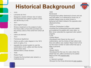 • 1510
• Leonardo da Vinci
• Designed a sketch of linear view of colors
that traversed from yellow to green to blue
and all the way to red.
• 1611
• Aron Sigfrid Forsius
• Wrote a treatment on the subject of color.
His theory tells us that white and black are
the primary colors of the world from which all
other
• colors are derived.
• 1613
• Franciscus Aguilonius
• Came up with a color diagram in his 1613
work on optics. It is
• arguably the ancient system to use the
combination of red, yellow and blue during
which colors were I
defined within a linear division.
• 1630
• Robert Fludd
• Created the first printed color wheel in a
medical journal
1659
Rembrandt
Proposed that yellow darkened to brown and red
was half yellow, so it darkened to brown too. A
problem always pops up when brown is
darkened with black instead of its opposite color
ultramarine blue.
•1731
•Jacques Christopher Le Blon
•Invented the fundamental three-color palette
and explained his palette with many dyes. Le
Blon never extended his organized color system
properly.
•1755
•Tobias Mayer
•Developed color theory by the use of
mathematics, and his choice of triad colors (red,
blue and yellow) was created. Mayer tried to find
out the exact number of colors which the eye is
able to perceive.
•1766
•Moses Harris
•Developed the first use of a color wheel; the
wheel had red, yellow and blue but he added
black as the only neutral color.
•1772
•J. Heinrich Lambert
•Showed his first three-dimensional color system.
Historical Background
 