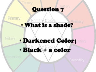 Question 5What is Color Value?Howlightor dark it is.Question 6What is a tint?Lightened Color; White + a colorQuestion 7What is a shade?Darkened Color; 