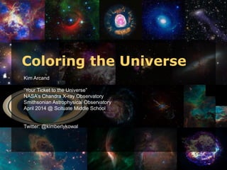 Kim Arcand
“Your Ticket to the Universe”
NASA’s Chandra X-ray Observatory
Smithsonian Astrophysical Observatory
April 2014 @ Scituate Middle School
Twitter: @kimberlykowal
Coloring the Universe
 