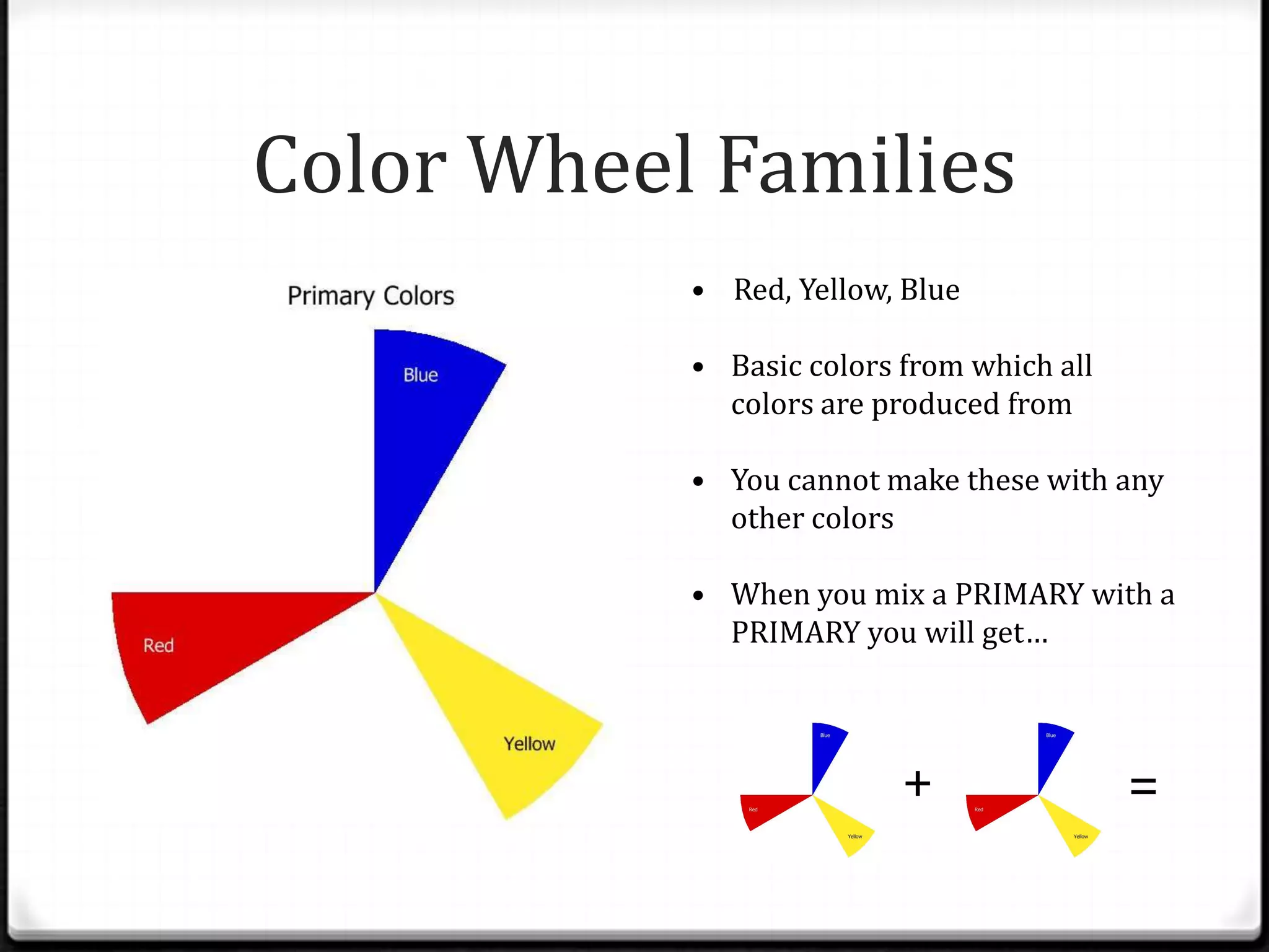 Color Wheel Families
           • Red, Yellow, Blue

           • Basic colors from which all
             colors are produced from

           • You cannot make these with any
             other colors

           • When you mix a PRIMARY with a
             PRIMARY you will get…



                          +                =
 