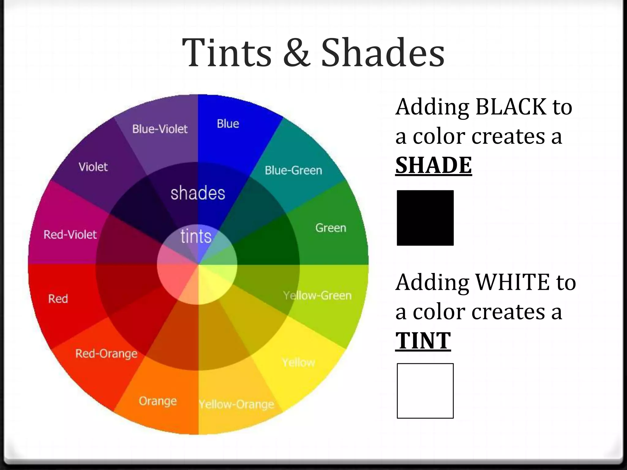 Tints & Shades
           Adding BLACK to
           a color creates a
           SHADE



           Adding WHITE to
           a color creates a
           TINT
 