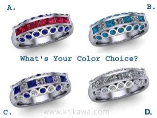 Color variations for diamond wedding band using sapphires  rubies and teal diamonds