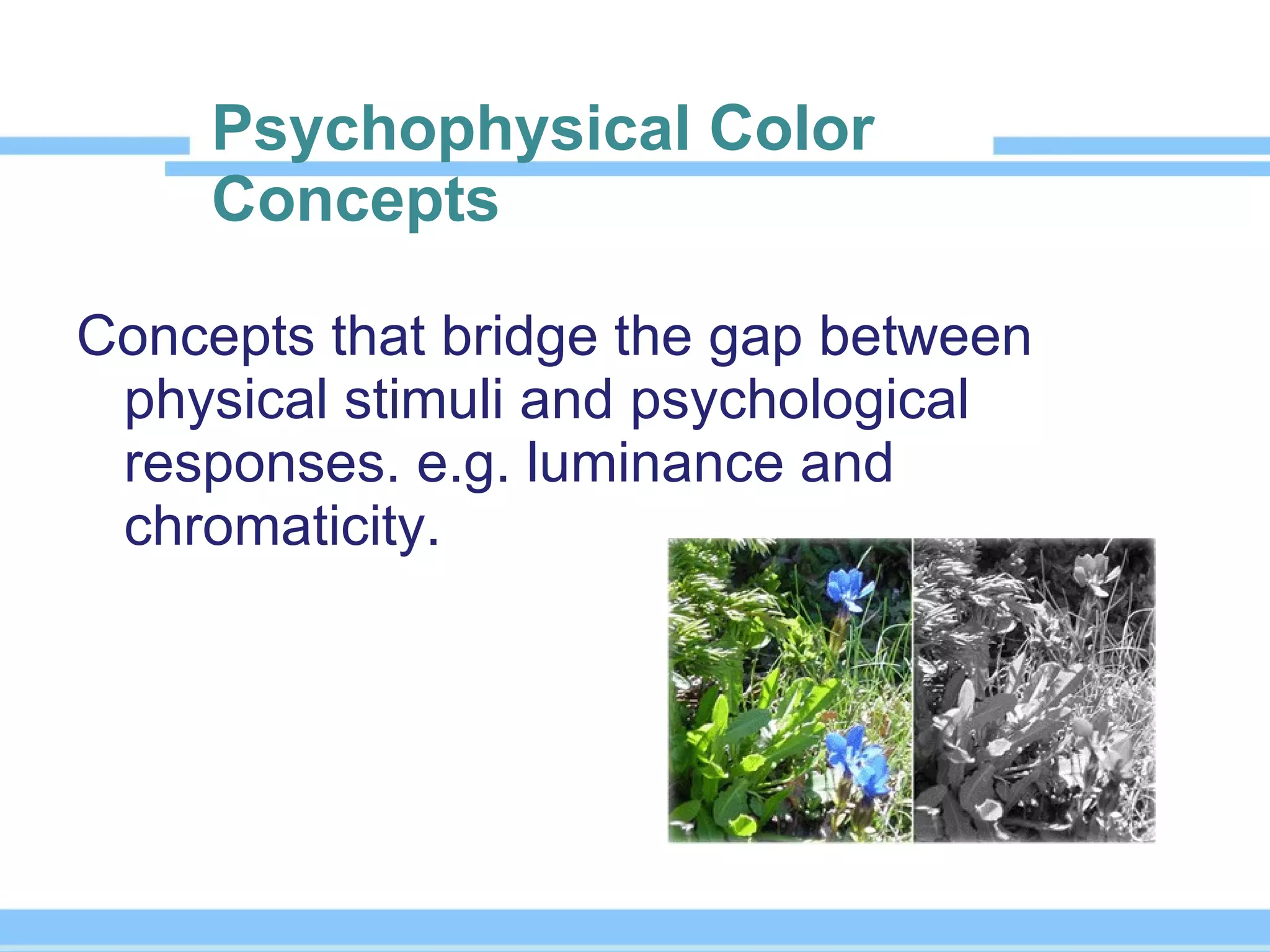 Psychophysical Color Concepts Concepts that bridge the gap between physical stimuli and psychological responses. e.g. luminance and chromaticity. 