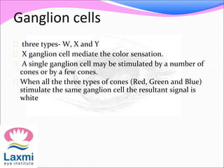 Ganglion cells
 three types- W, X and Y
 X ganglion cell mediate the color sensation.
 A single ganglion cell may be stimulated by a number of
cones or by a few cones.
 When all the three types of cones (Red, Green and Blue)
stimulate the same ganglion cell the resultant signal is
white
 