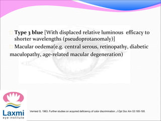  Type 3 blue [With displaced relative luminous efficacy to
shorter wavelengths (pseudoprotanomaly)]
 Macular oedema(e.g. central serous, retinopathy, diabetic
maculopathy, age-related macular degeneration)
Verriest G. 1963. Further studies on acquired deficiency of color discrimination. J Opt Soc Am 53:185-195.
 