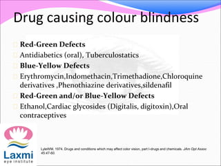 Drug causing colour blindness
 Red-Green Defects
 Antidiabetics (oral), Tuberculostatics
 Blue-Yellow Defects
 Erythromycin,Indomethacin,Trimethadione,Chloroquine
derivatives ,Phenothiazine derivatives,sildenafil
 Red-Green and/or Blue-Yellow Defects
 Ethanol,Cardiac glycosides (Digitalis, digitoxin),Oral
contraceptives
LyleWM. 1974. Drugs and conditions which may affect color vision, part I-drugs and chemicals. JAm Opt Assoc
45:47-60.
 