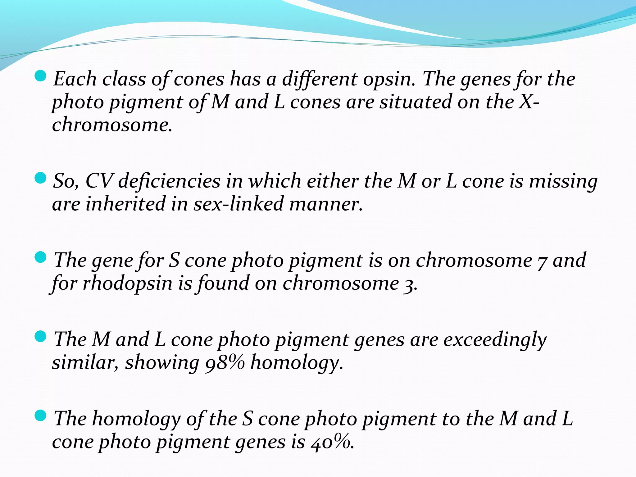 Each class of cones has a different opsin. The genes for the
photo pigment of M and L cones are situated on the X-
chromosome.
So, CV deficiencies in which either the M or L cone is missing
are inherited in sex-linked manner.
The gene for S cone photo pigment is on chromosome 7 and
for rhodopsin is found on chromosome 3.
The M and L cone photo pigment genes are exceedingly
similar, showing 98% homology.
The homology of the S cone photo pigment to the M and L
cone photo pigment genes is 40%.
 