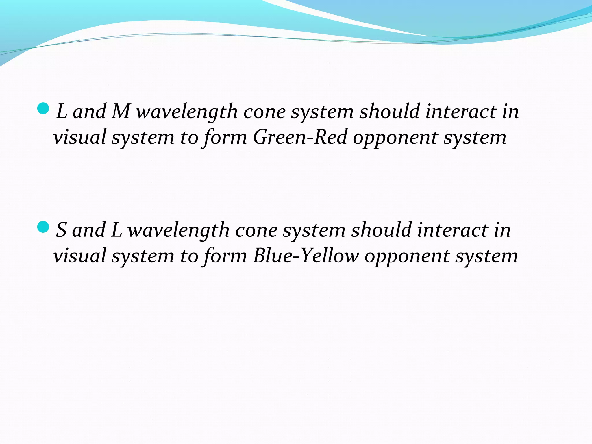 L and M wavelength cone system should interact in
visual system to form Green-Red opponent system
S and L wavelength cone system should interact in
visual system to form Blue-Yellow opponent system
 