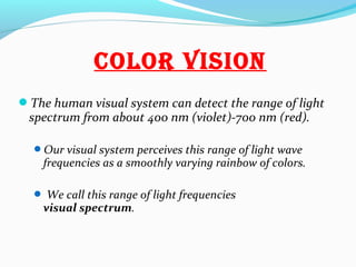 cOlOr visiOn
The human visual system can detect the range of light
spectrum from about 400 nm (violet)-700 nm (red).
Our visual system perceives this range of light wave
frequencies as a smoothly varying rainbow of colors.
 We call this range of light frequencies
visual spectrum.
 