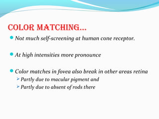 color maTchinG…
Not much self-screening at human cone receptor.
At high intensities more pronounce
Color matches in fovea also break in other areas retina
 Partly due to macular pigment and
 Partly due to absent of rods there
 