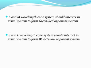 L and M wavelength cone system should interact in
visual system to form Green-Red opponent system
S and L wavelength cone system should interact in
visual system to form Blue-Yellow opponent system
 